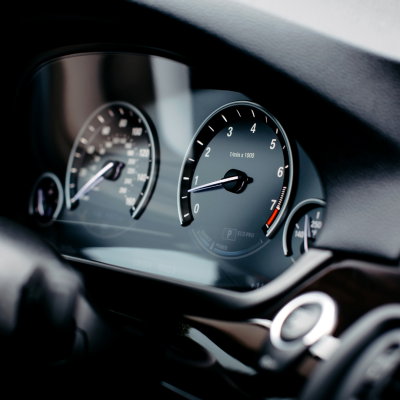 The black dashboard of a car
